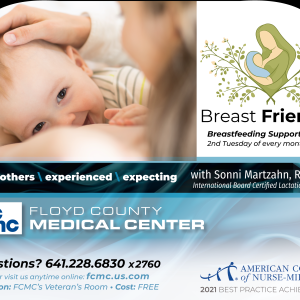 Happy breastfeeding baby shown on support group flier